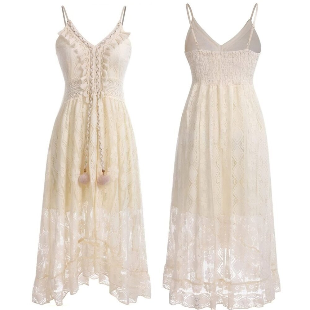 Amellia ✦ Ivory Lace Cottagecore Midi Dress ✦ High-Low Hem w/ Pom Details Size S